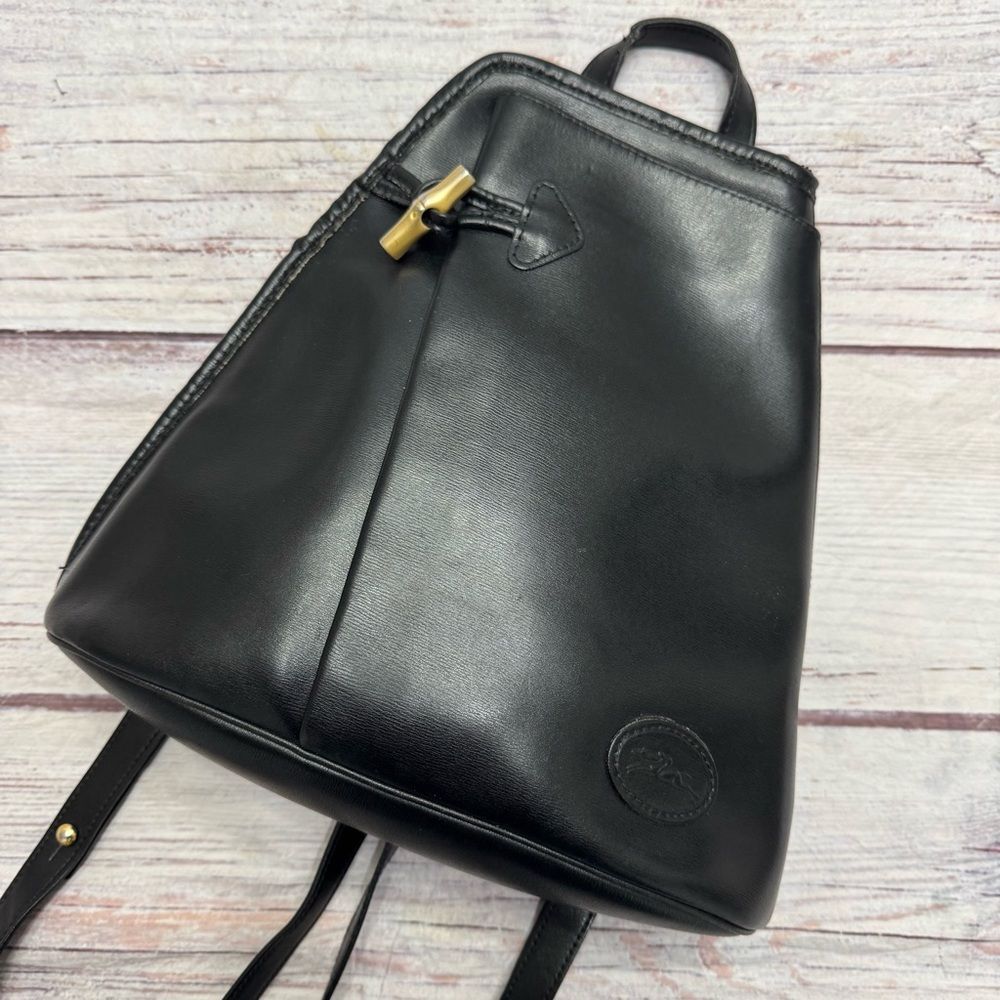 Longchamp Vintage 90s 2000s Era Leather Backpack Bag Black